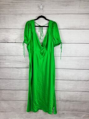 Asos Design Plus Size Bright Green Satin Puff Sleeve Midi Dress Size 24